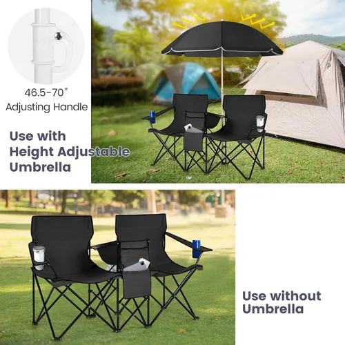Miniatura 5 de Tangkula Sillas de campamento dobles con paraguas, silla de campamento plegable portátil de 2 asientos con bolsa enfriadora, soporte para bebidas