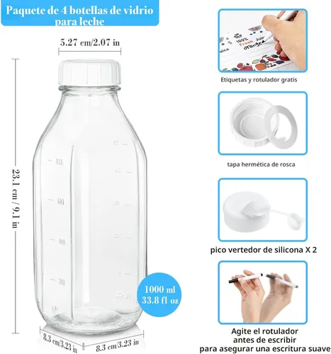Miniatura 6 de Paquete de 4 botellas de leche de vidrio de 1 litro con escala, tapa de rosca 100% hermética y resistente, tarros de 32 onzas con 2 boquillas