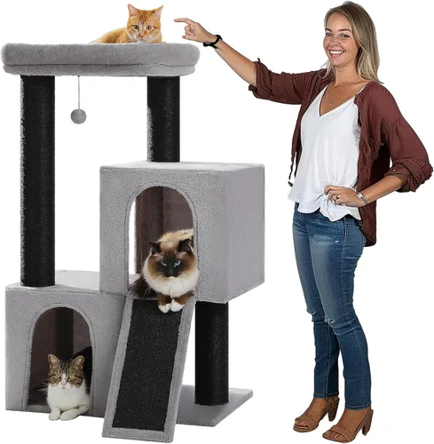 MUTTROS Árbol para gatos para interiores para gatos adultos, torre de gato de 45 pulgadas de alta resistencia con rampa de rascar de sisal, 2 Negro