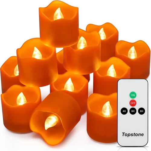 Topstone Vela de Té LED Naranja de Halloween con Temporizador de 4/6/8 H, Control Remoto Vela Sin Llama, Velas Falsas a Batería, Vela Votiva