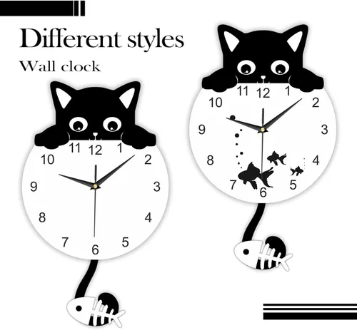 Miniatura 6 de Reloj de pared con péndulo de gato negro con cola oscilante, divertido reloj de gato con cola móvil, fácil de montar, gatitos y peces de lujo, reloj