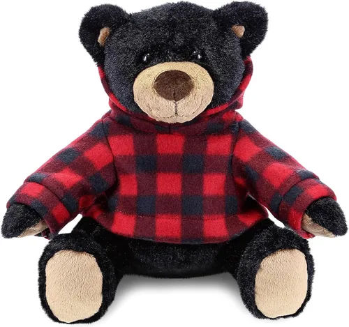 DolliBu Oso negro de felpa con capucha a cuadros rojos, oso suave y abrazable, adorable peluche de oso negro de zoológico, bonito regalo para niños