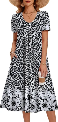 Miniatura 13 de Zeagoo Vestido de verano para mujer, casual, floral, midi, con bolsillos, cuello en V, plisado, manga corta, estilo alineado, para vacaciones
