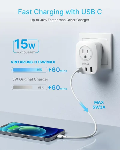 Miniatura 4 de VINTAR - Paquete de 2 adaptadores de enchufe de viaje europeo, enchufe internacional plegable con 2 salidas de CA, 3 puertos USB (2 USB C), cargador