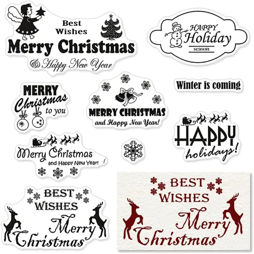 Palabras de felicitación de Feliz Navidad, sellos transparentes para hacer tarjetas y decoraciones de álbumes de fotos, sellos de silicona de árbol