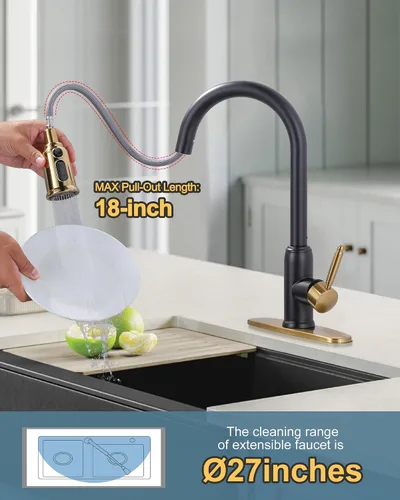 Miniatura 3 de Grifo de cocina de oro negro con rociador: WOWOW Grifo de fregadero de cocina de acero inoxidable 304 para 1 o 3 agujeros, llave mezcladora de arco
