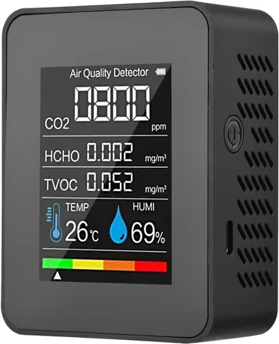 LANRU Monitor portátil de calidad del aire Detector de CO2 para interiores, 5 en 1, formaldehído HCHO TVOC, probador LCD de temperatura y humedad,