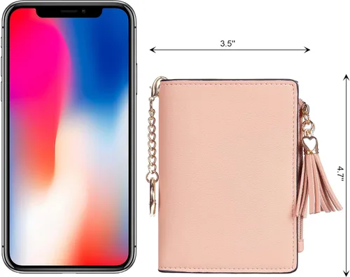 Miniatura 2 de Gostwo Mini cartera pequeña plegable para mujer con borla y bolsillo con cremallera para monedas, Rosa Con Llavero, Moda