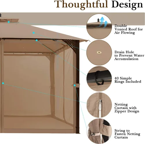 Miniatura 7 de Tangkula Cenador de patio de 10 x 12 pies con red, cenador para exteriores con techo doble ventilado, paredes laterales de malla, gancho superior