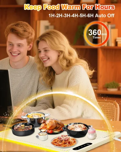 Miniatura 5 de Tapete de calentamiento de alimentos con luz, bandeja de calentamiento eléctrica con 6 ajustes de temperatura y temporizador de 6 horas, película