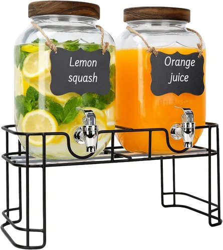 Dispensador de bebidas de 1 galón con soporte, 2 dispensadores de bebidas de vidrio transparente con espiga, 2 tapas de madera y etiquetas colgantes