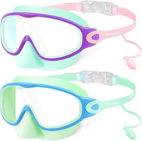 Miniatura 15 de Vvinca Gafas de natación para niños, con tapones para los oídos y clip para la nariz, visión amplia, antivaho y UV, para niños y niñas de 3 a 15 años
