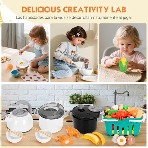 Miniatura 6 de Juego de cocina de 130 piezas, ollas de juego de cocina para niños, sartenes, utensilios de cocina, alimentos diarios, frutas y verduras, cesta