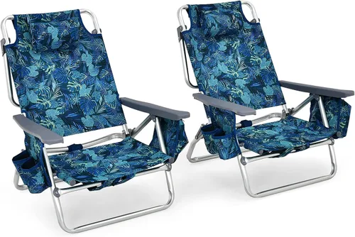 Miniatura 12 de Goplus Silla de playa, mochila plegable para adultos, sillas de playa con posiciones ajustables, almohada para la cabeza, bolsa refrigeradora