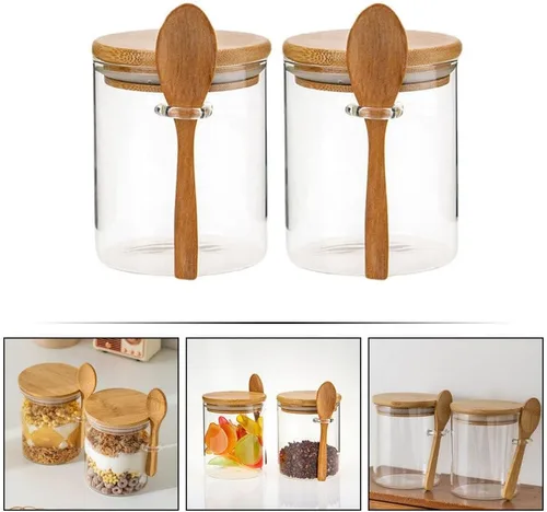 Miniatura 5 de Luxshiny 2 recipientes herméticos de vidrio con tapa y cuchara para almacenamiento de cocina, tarros de té de vidrio transparente para aperitivos
