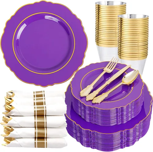 Miniatura 18 de Liacere 350 platos de plástico dorados, platos desechables blancos y dorados, vajilla de plástico barroco para 50 invitados, incluye 100 platos, 50