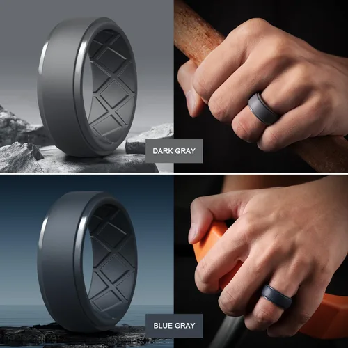 Miniatura 110 de Egnaro - Anillos de silicona para hombre, 25/64 pulgadas (10 mm) de ancho y 3/32 pulgadas (2.5 mm) de grosor, alianzas de boda de goma, paquete