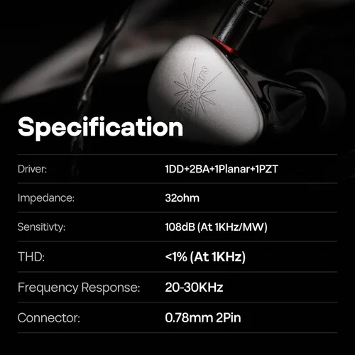 Miniatura 6 de Linsoul Kiwi Ears Quinteto in Ear Monitor, 1DD + 2BA + 1 Planar + 1 PZT Hybrid Driver Earphone, con cable OFC chapado en plata desmontable, placa