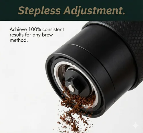 Miniatura 5 de Molino de café manual con rebabas cónicas de cerámica, molino de café de mano compatible con AeroPress con ajuste continuo de bloqueo de clic