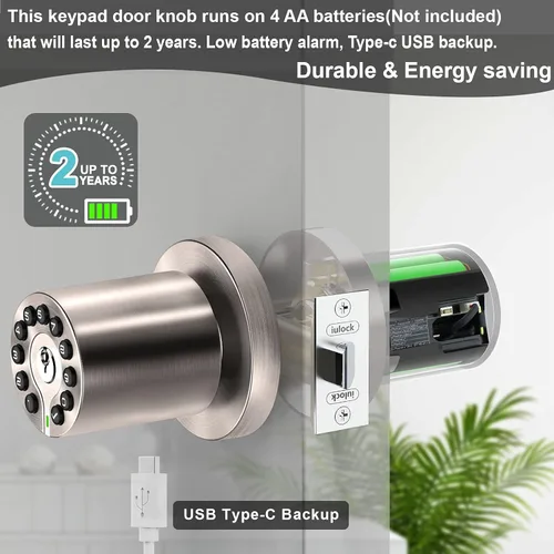 Miniatura 5 de iulock Pomo electrónico impermeable para puerta con teclado y llave, bloqueo automático, níquel satinado, 50 códigos, fácil de usar e instalar