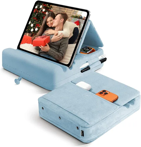 Miniatura 12 de Soporte de almohada para tablet con almacenamiento, soporte plegable para iPad para Lep, cama, sofá y escritorio, base suave con bolsillo y soporte