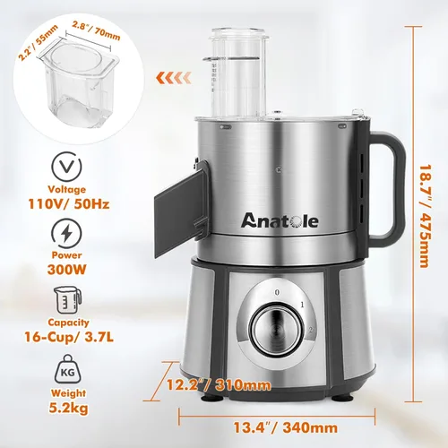 Miniatura 7 de Procesador de alimentos eléctrico Anatole, picador, cortador, triturador 5 en 1, procesador de alimentos comercial de acero inoxidable de 16 tazas