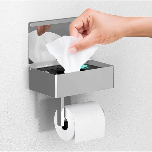 Day Moon™ Soporte de papel higiénico cromado con estante - Porta toallitas para baño, dispensador de toallitas desechables, soporte de papel Cromo