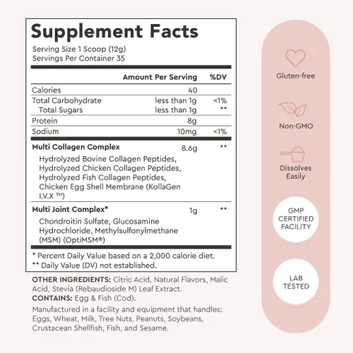 Miniatura 4 de Alaya - Polvo de colágeno múltiple - Suplemento de proteína de péptidos de colágeno hidrolizados tipo I, II, III, V, X, con MSM + GC