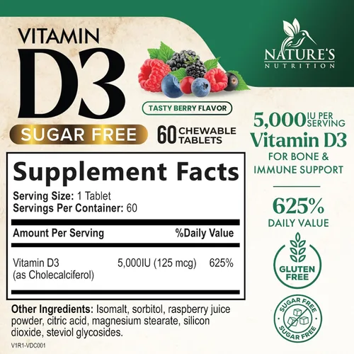 Miniatura 2 de Vitamina D3 5000 UI (125 mcg) por porción, vitamina D extra fuerte masticable para apoyo inmunológico, suplementos para huesos, dientes y músculos