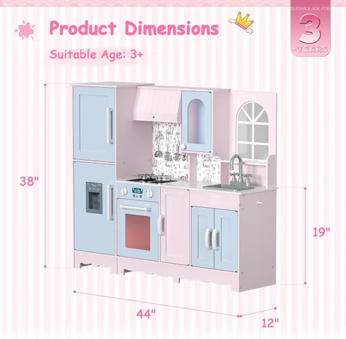 Miniatura 7 de BRINJOY Juego de cocina para niños, juego de cocina de madera para niños con grifo, fregadero, estufa, horno, ventana, utensilios de cocina, Rosa
