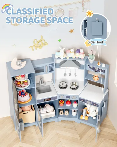 Miniatura 6 de MAMIZO Cocina de Esquina de Madera de Juego, Gran Set de Juego de Cocina Interactivo Definitivo para Niños Pequeños de Simulación con Pizarra, Azul