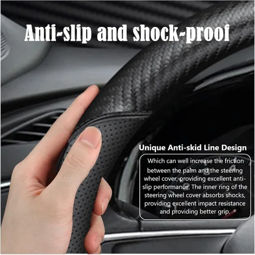 Miniatura 3 de Funda negra para volante de automóvil, compatible con Honda, de piel fina de napa premium, textura de fibra de carbono, 14 pulgadas, para Honda