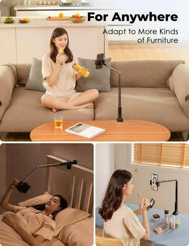 Miniatura 6 de Viozon Soporte para teléfono, brazo largo flexible, montaje superior, ángulo ajustable de 360°, aleación de aluminio, abrazadera C para cabecero