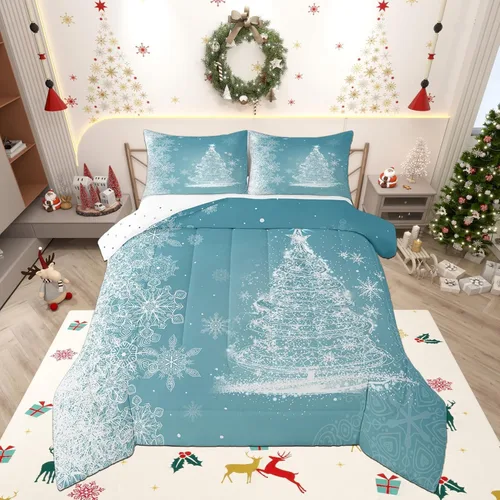 Miniatura 32 de Juego de edredón de Feliz Navidad, tamaño individual, juego de ropa de cama de flores rojas de Navidad, bayas y hojas, para niños y hombres, juego