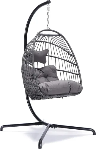 Miniatura 15 de NICESOUL Acogedora silla colgante con soporte para interiores y exteriores, silla columpio de mimbre para patio con cojín y patas doradas, 350