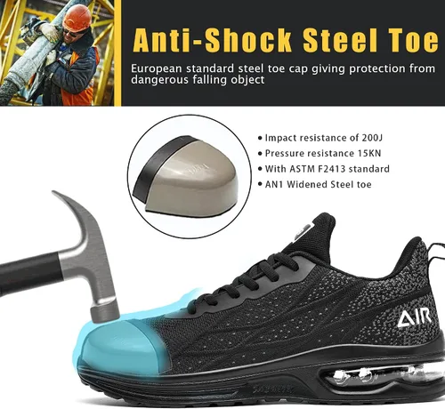 Miniatura 2 de HiHatide - Zapatos con punta de acero para hombre, zapatos de trabajo, zapatos de seguridad, con amortiguación de aire, ligeros, antideslizantes