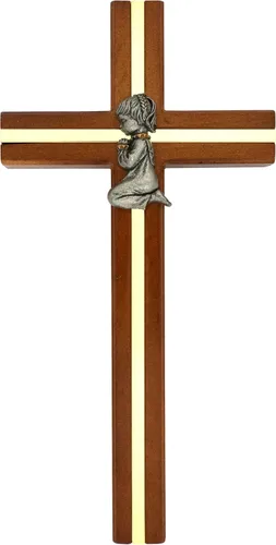 Miniatura 5 de Cruz de pared con niño arrodillado Juego de acento dorado en madera con peltre para niño o niña Gran regalo católico para el bautismo