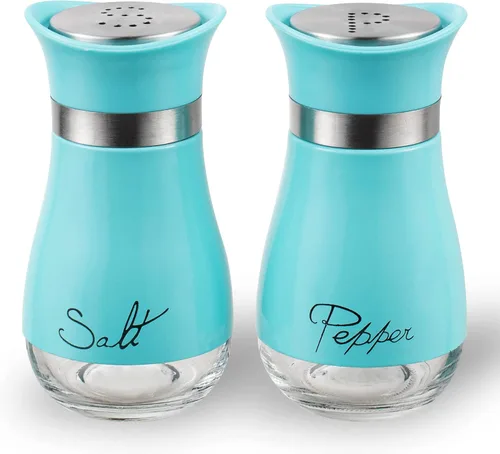 Lonffery Salero y pimentero, botella de acero inoxidable y vidrio, juego de 2, turquesa
