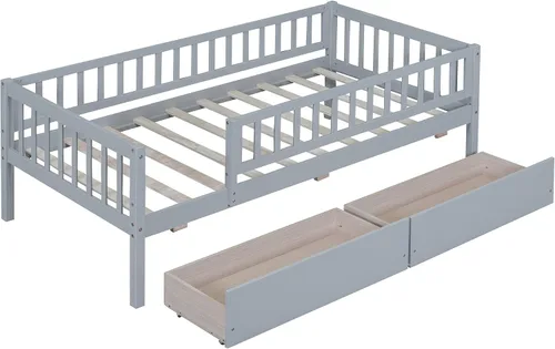 Miniatura 3 de Sofá cama de madera de tamaño individual, sofá cama de madera de mediados de siglo con dos cajones y listones de madera maciza, marco de sofá cama