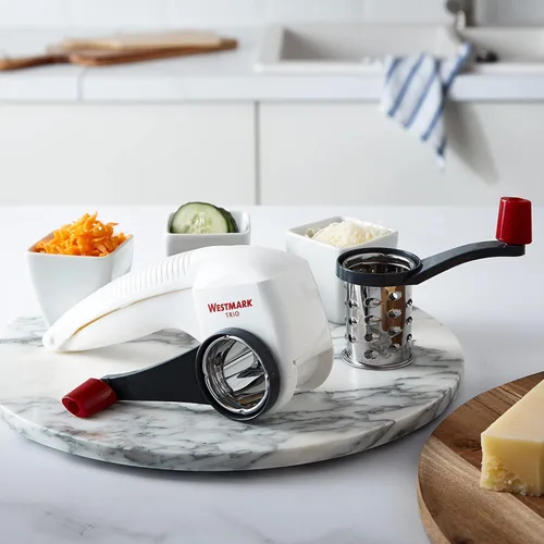 Miniatura 10 de Westmark cortadora, rebanadora, rallador multiuso giratorio de vegetales y queso con 3 tambores de acero inoxidable intercambiables (blanco)