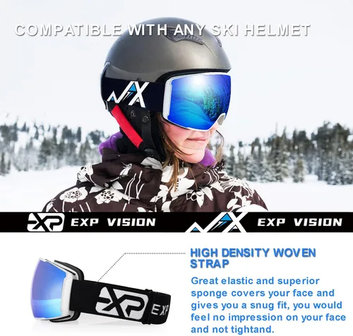Miniatura 6 de EXP VISION Gafas de esquí magnéticas para snowboard, sin marco, para hombres y mujeres, OTG, lente intercambiable antivaho Azul