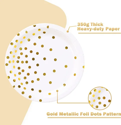 Miniatura 3 de Platos de papel blanco y dorado, 100 unidades, platos de postre de puntos dorados de 7 pulgadas, suministros de fiesta desechables para cumpleaños