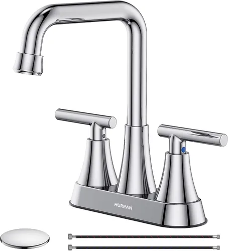 Miniatura 12 de Grifo de Lavabo de Baño Negro Mate, Hurran Grifos de Baño de 4 Pulgadas para Lavabo de 3 Orificios con Desagüe Pop-up y Líneas de Suministro, Grifo