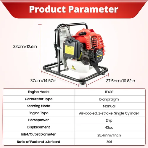 Miniatura 2 de Bomba de agua de gasolina, 43CC 2HP 7000rmp Bomba de agua industrial de 2 tiempos de gasolina refrigerada por aire, bomba de alta presión para riego