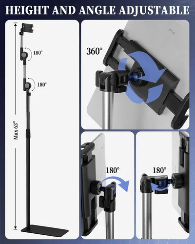 Miniatura 3 de SHUWEI Soporte de suelo para tableta con engranajes helicoidales de doble autobloqueo, soporte de piso para iPad de 63 pulgadas de altura ajustable