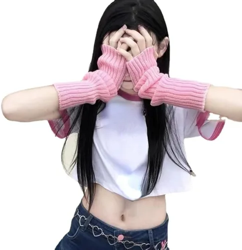 Miniatura 6 de Linda manga de brazo Kawaii para mujer, Acubi Preppy - Calentadores de muñeca de punto Fairycore estéticos guantes de invierno sin dedos Negro
