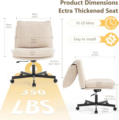 Miniatura 2 de Fizzin Silla cruzada sin brazos, con ruedas cruzadas, asiento de espuma viscoelástica con cojín de respaldo abatible, silla giratoria de respaldo