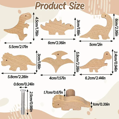 Miniatura 2 de Whaline 6 pomos de madera de dinosaurio con tornillos decorativos con temática de dinosaurio, pomos de tocador de madera natural, pomo de muebles