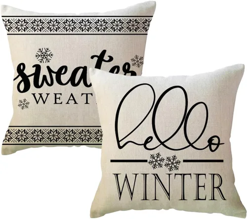 ULOVE LOVE YOURSELF - Funda de almohada de invierno Hello Winter 18x18 pulgadas, color negro/beige, tipo suéter, decoración navideña, fundas de