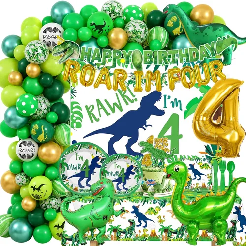 Fiesta de 4º cumpleaños de dinosaurio, suministros de decoración de fiesta de cumpleaños de Roar Im Four Dino para niños, decoración de fiesta de